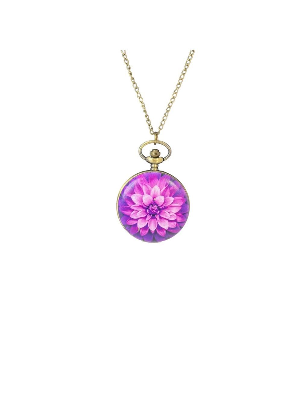 Women's Strada Purple Flower Pocket Watch Necklace One Size Gold Chain
